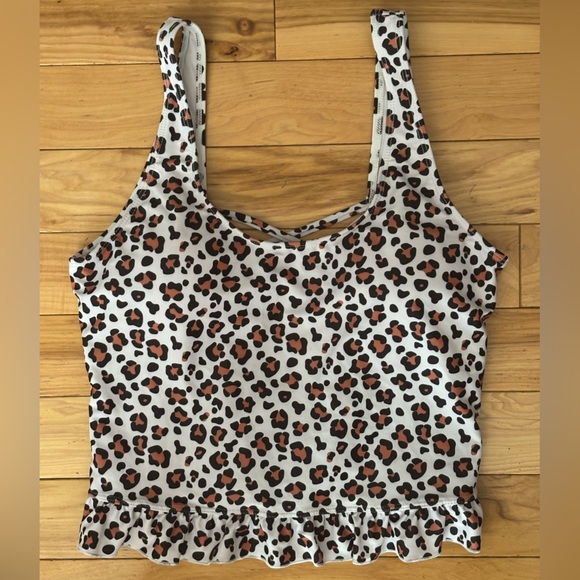 Janela Bay Snow Leopard Peplum Ruffle Criss Cross Open Back Tankini Top Size L - Picture 1 of 8